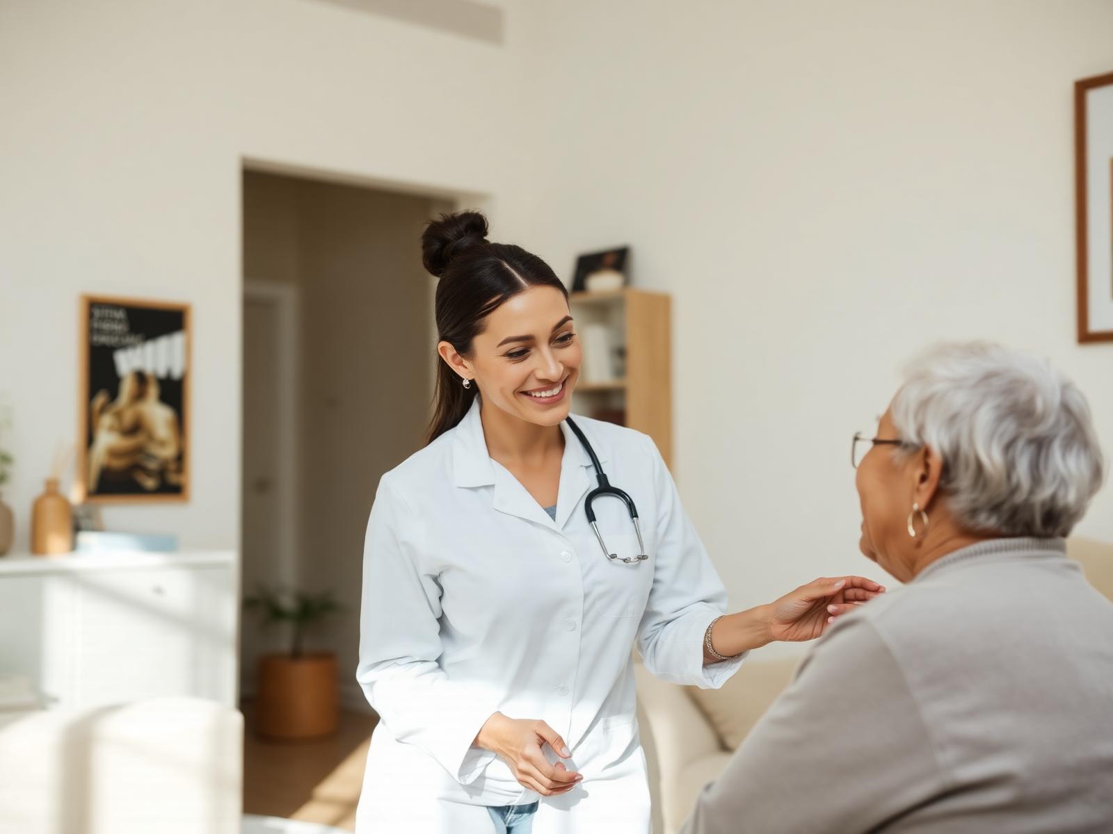 Farmacêutica realizando atendimento domiciliar humanizado
